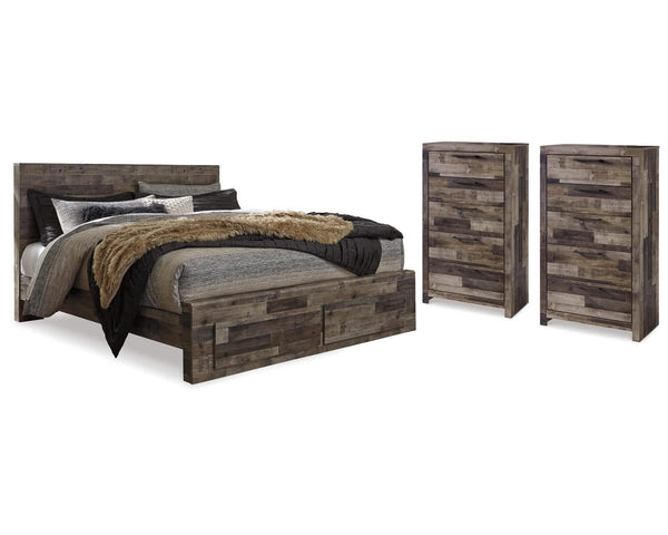 Cama Queen Derekson con espacio de almacenamiento y dos cómodas