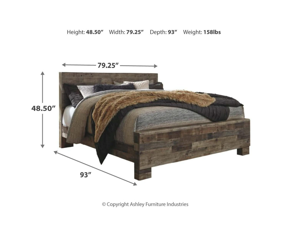 Cama King Derekson con paneles, tocador, espejo y mesita de noche