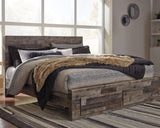 Cama Derekson King con almacenamiento, tocador, espejo, cómoda y mesita de noche