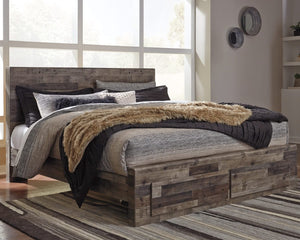 Cama Derekson King con almacenamiento, tocador, espejo, cómoda y mesita de noche