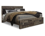 Cama Derekson King con almacenamiento, tocador, espejo, cómoda y mesita de noche