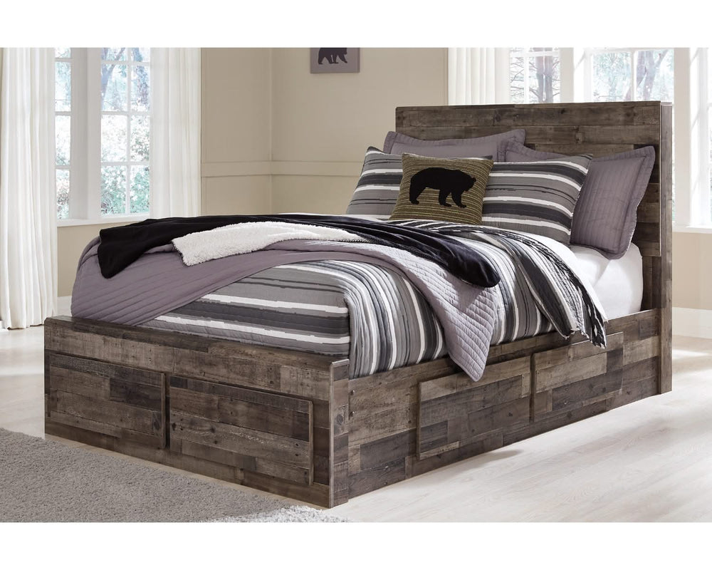 Cama Derekson con almacenamiento de paneles completos, tocador, espejo y dos mesitas de noche