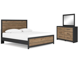 Cama King con paneles, cómoda y espejo Vertani