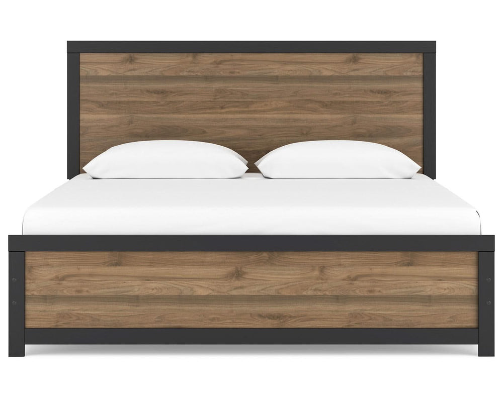 Cama King con paneles, cómoda y espejo Vertani