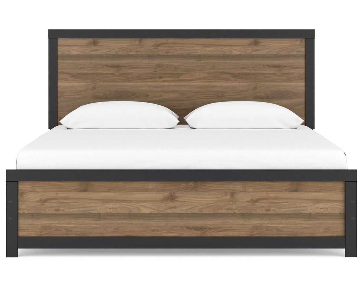 Cama King con paneles, cómoda y espejo Vertani