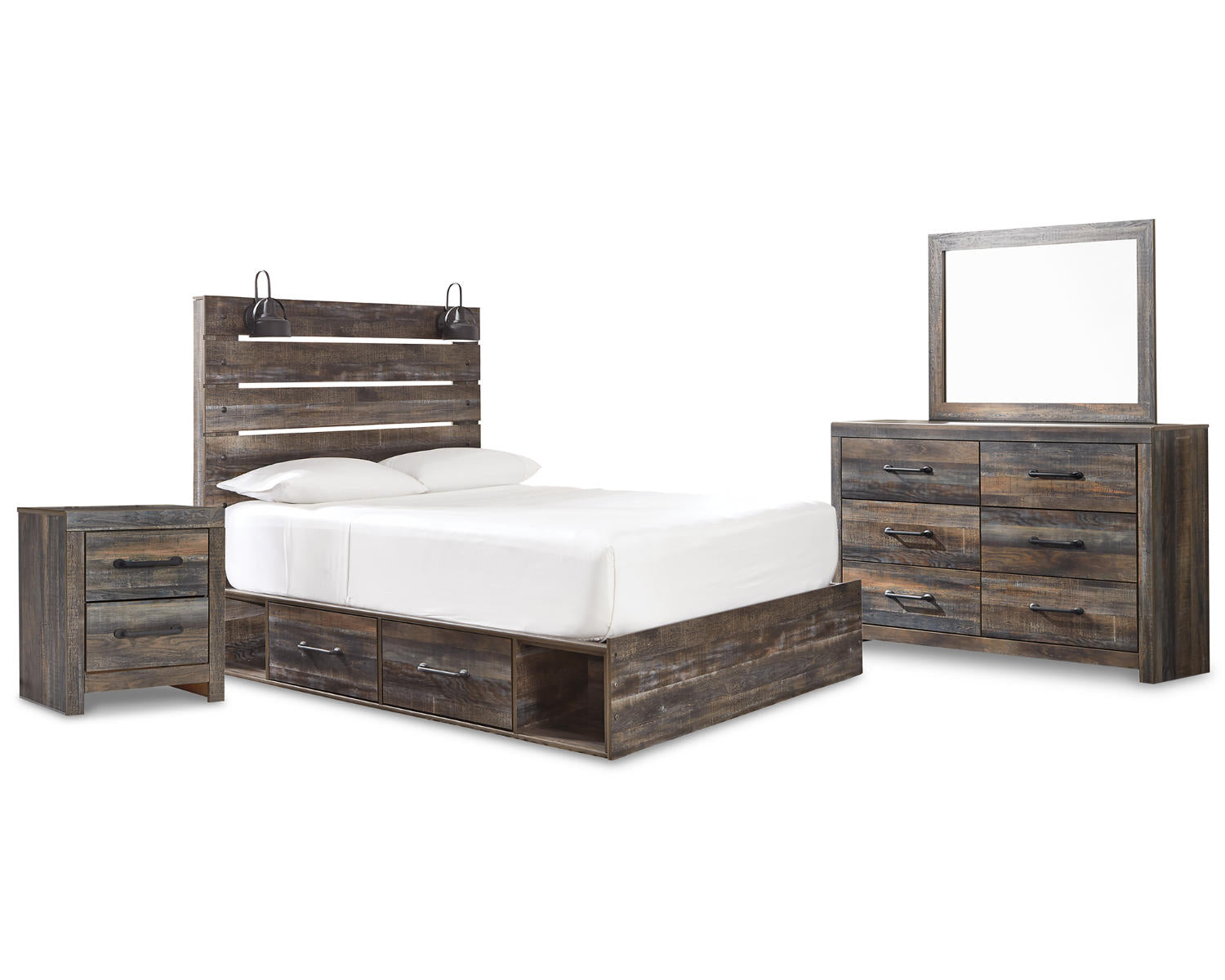 Drystan Queen Panel Bed with Mirrored Dresser and Nightstand