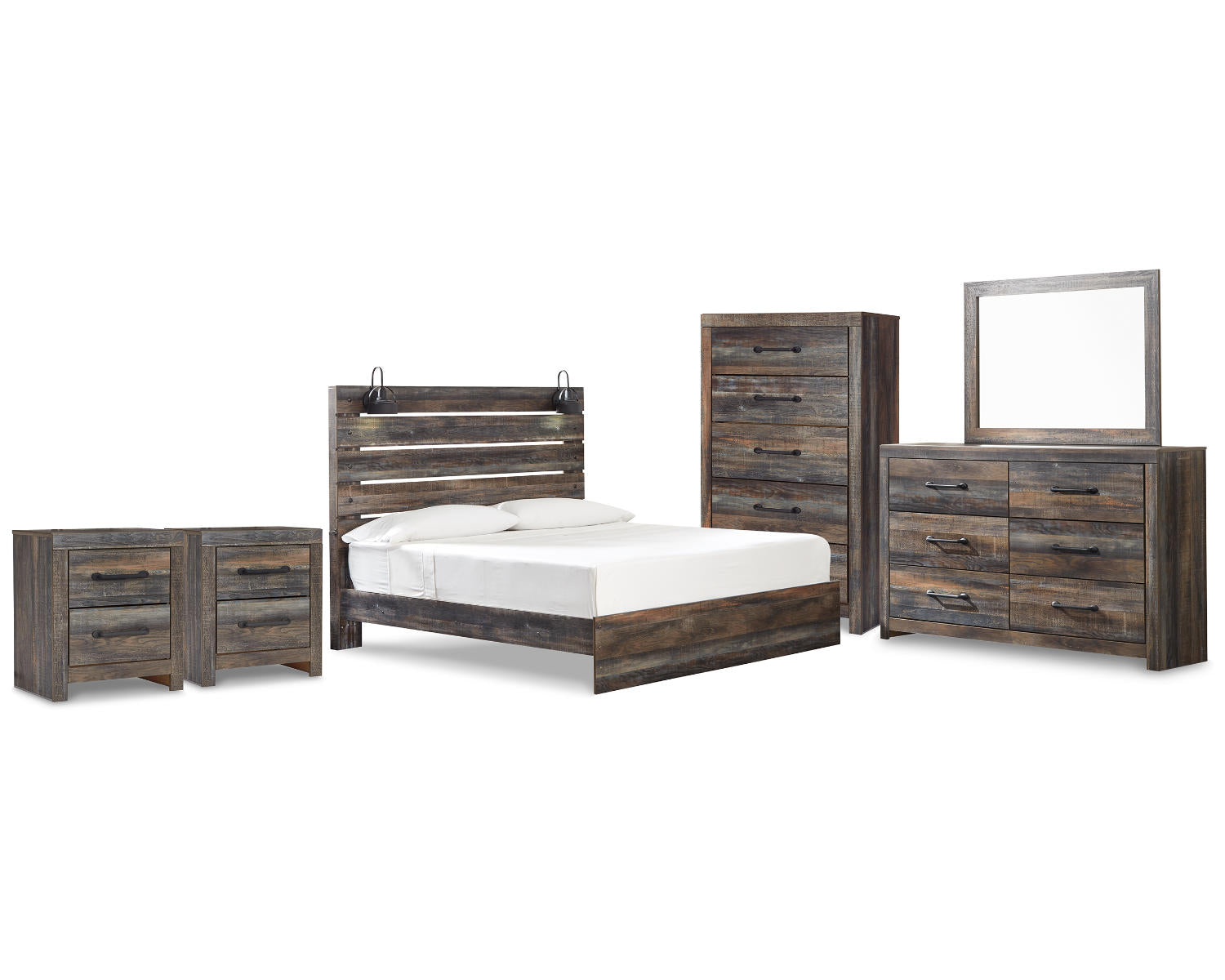 Drystan King Panel Bed, Dresser, Mirror and 2 Nightstands