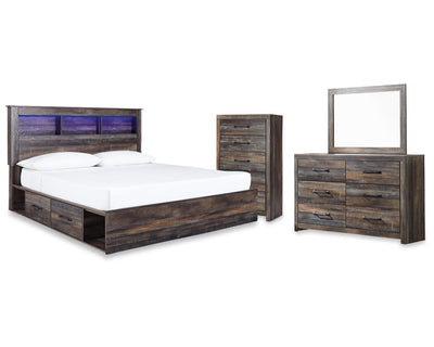Cama King con almacenaje, tocador, espejo y cómoda Drystan