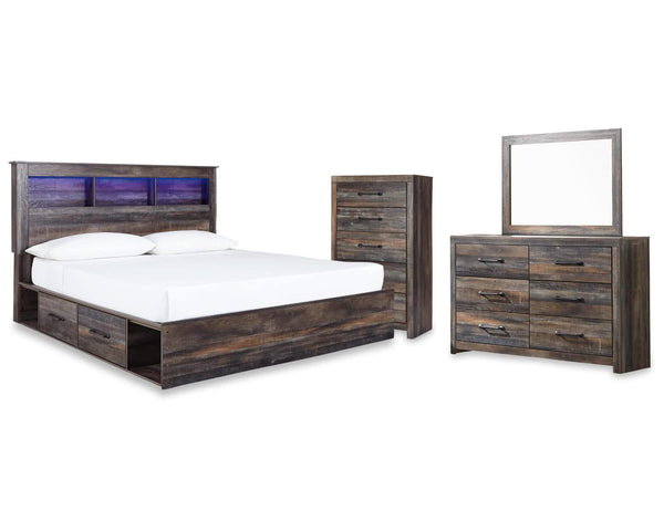 Cama King con almacenaje, tocador, espejo y cómoda Drystan
