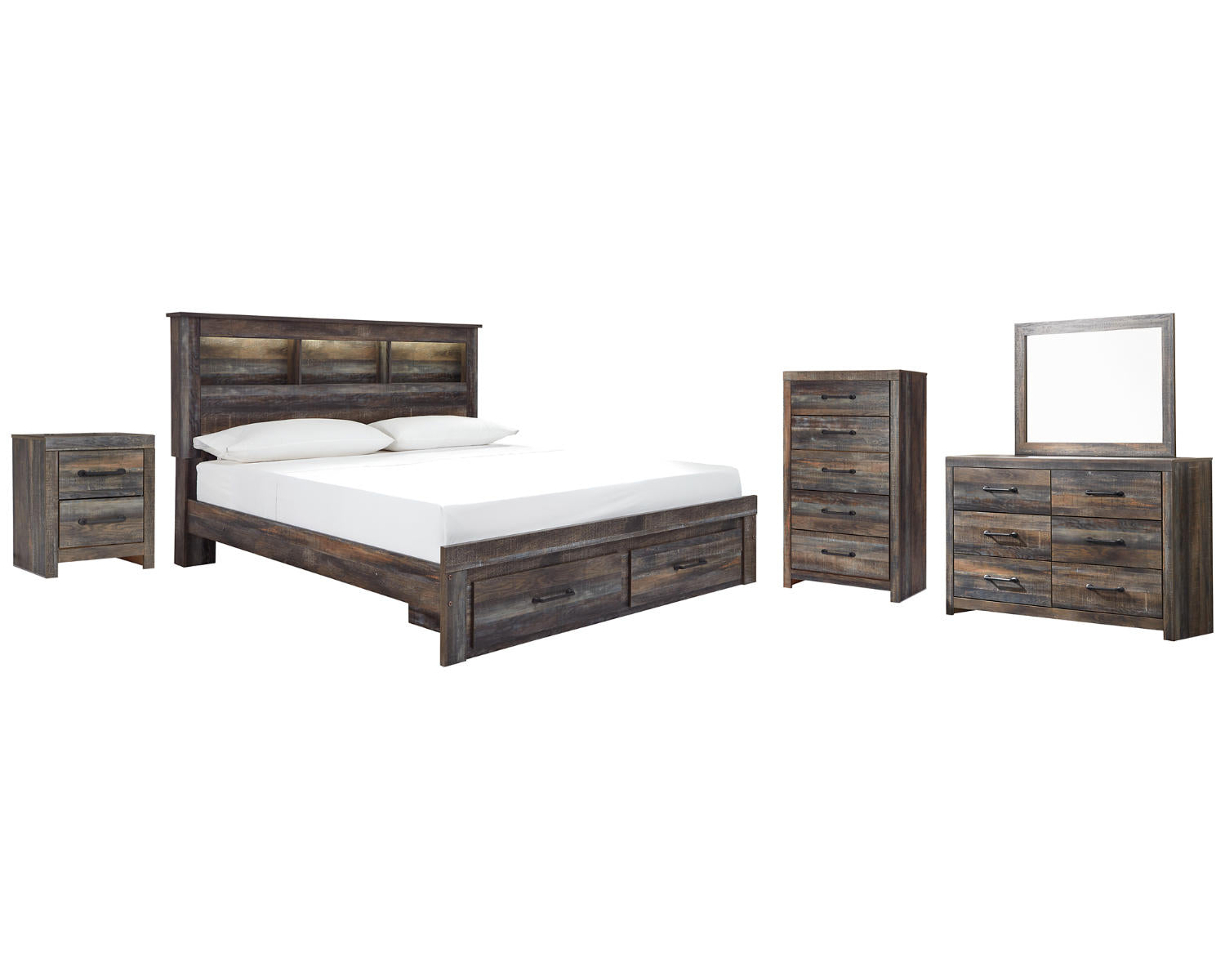Drystan King Bookcase Storage Bed, Dresser, Mirror, Chest and Nightstand