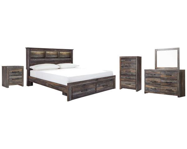 Librería Drystan King con almacenamiento, cama, tocador, espejo, cómoda y mesita de noche