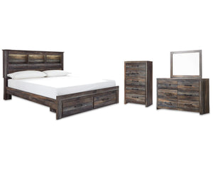 Cama King con almacenaje, tocador, espejo y cómoda Drystan