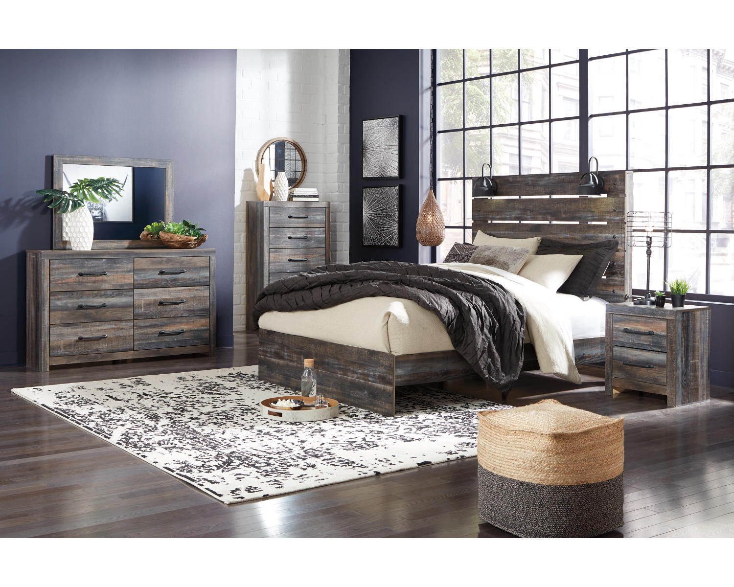 Drystan Queen Panel Bed, Dresser, Mirror, Chest and Nightstand