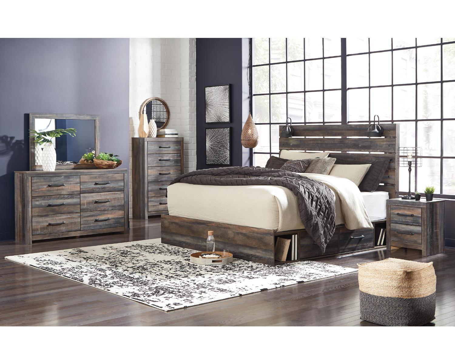 Drystan King Panel Bed with Storage, Dresser, Mirror, Chest and 2 Nightstands
