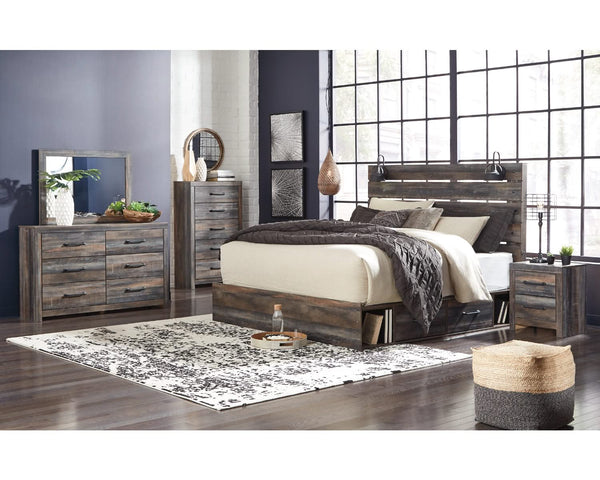 Cama Drystan King con paneles, espacio de almacenamiento, tocador, espejo, cómoda y dos mesitas de noche