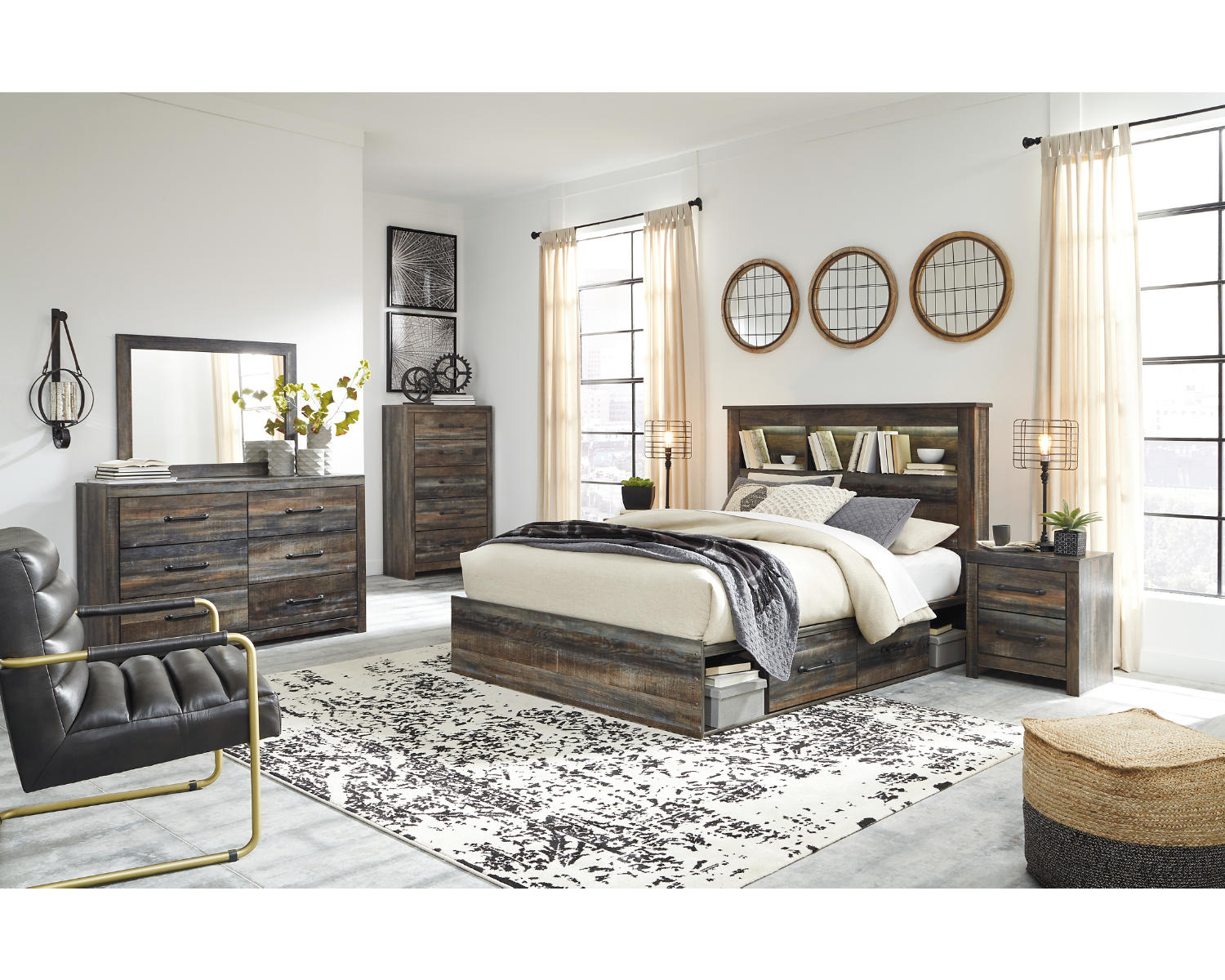 Drystan Queen Bookcase Storage Bed, Dresser, Mirror, Chest and 2 Nightstands