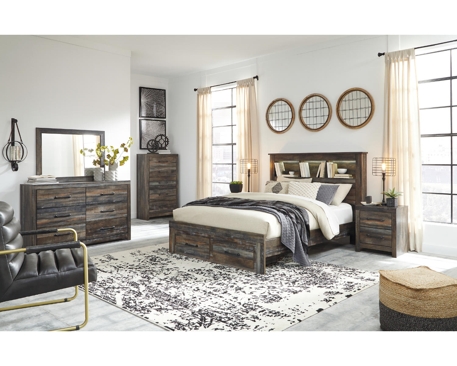 Drystan Queen Bookcase Storage Bed, Dresser, Mirror, Chest and 2 Nightstands