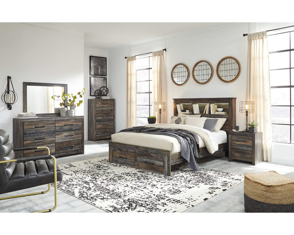Librería Drystan Queen con almacenamiento, cama, tocador, espejo, cómoda y dos mesitas de noche