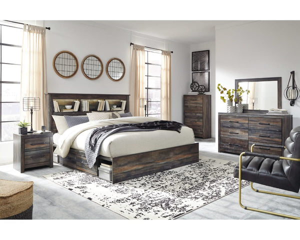 Librería Drystan King con almacenamiento, cama, tocador, espejo, cómoda y dos mesitas de noche
