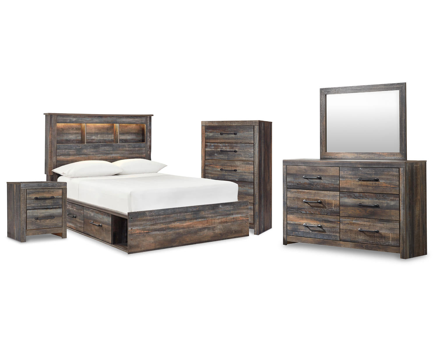 Drystan Full Bookcase Bed, Dresser, Mirror, Chest and Nightstand