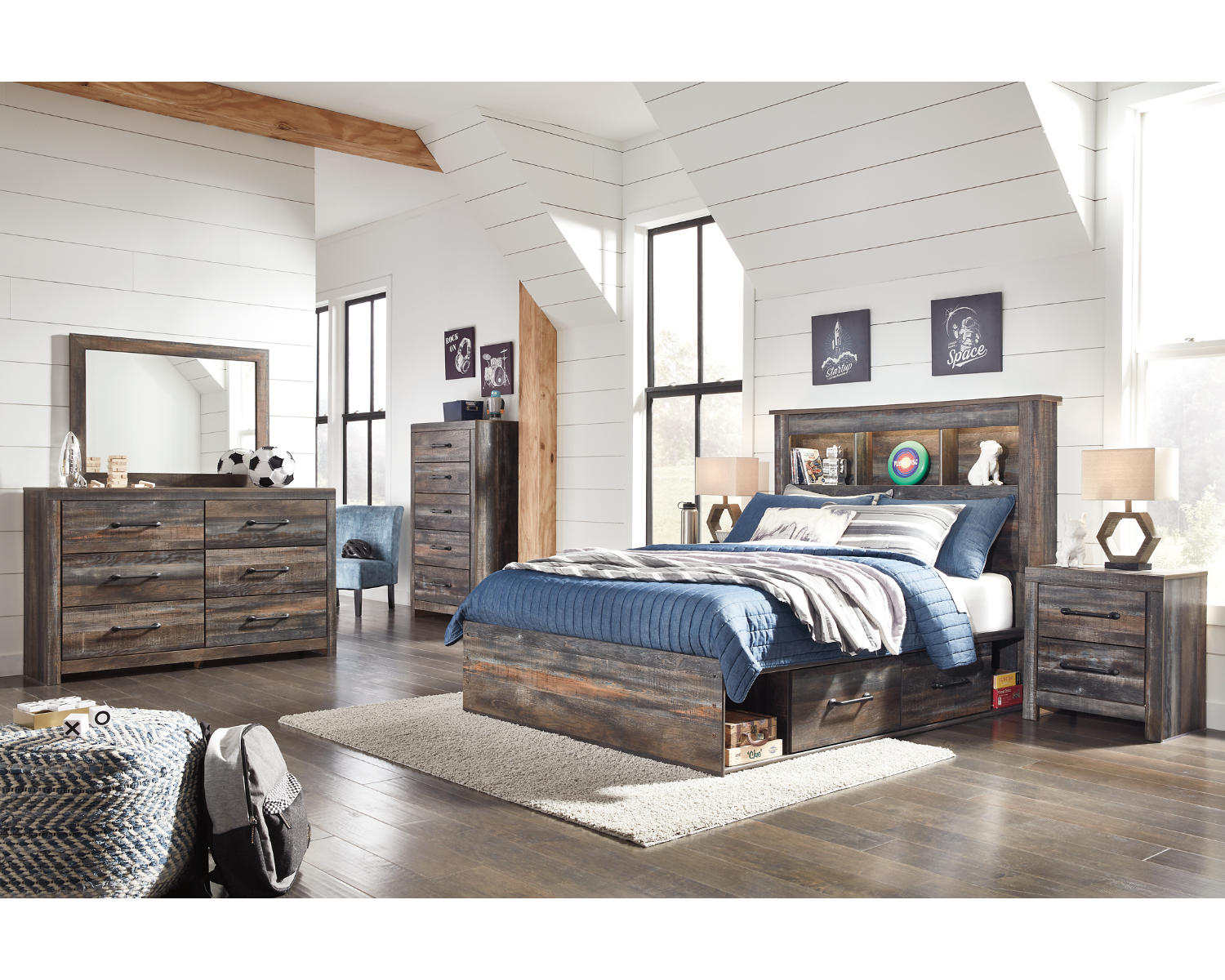 Drystan Full Bookcase Bed with 2 sided Storage, Dresser and Nightstand