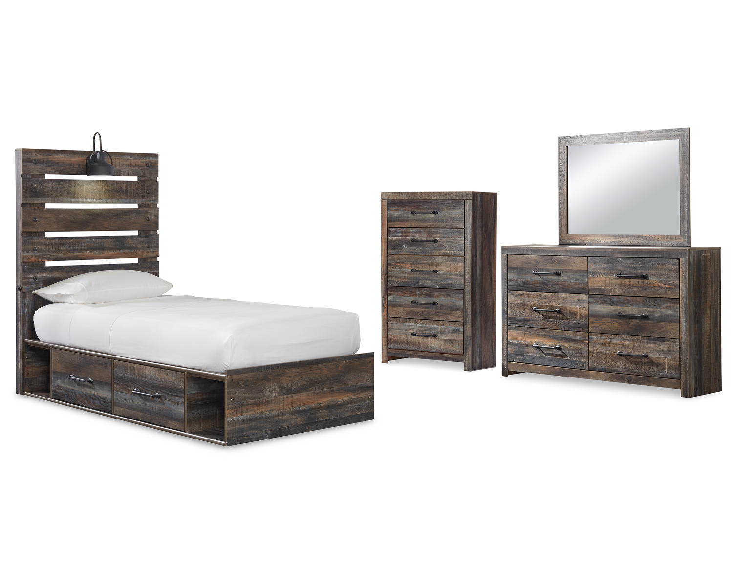 Drystan Twin Panel Bed with Storage, Dresser, Mirror and Chest
