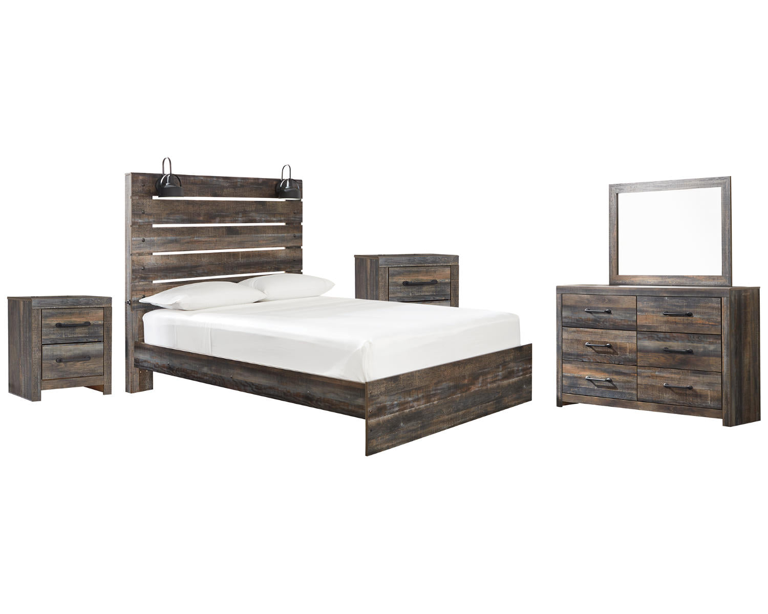 Drystan Queen Panel Bed, Dresser, Mirror and 2 Nightstands