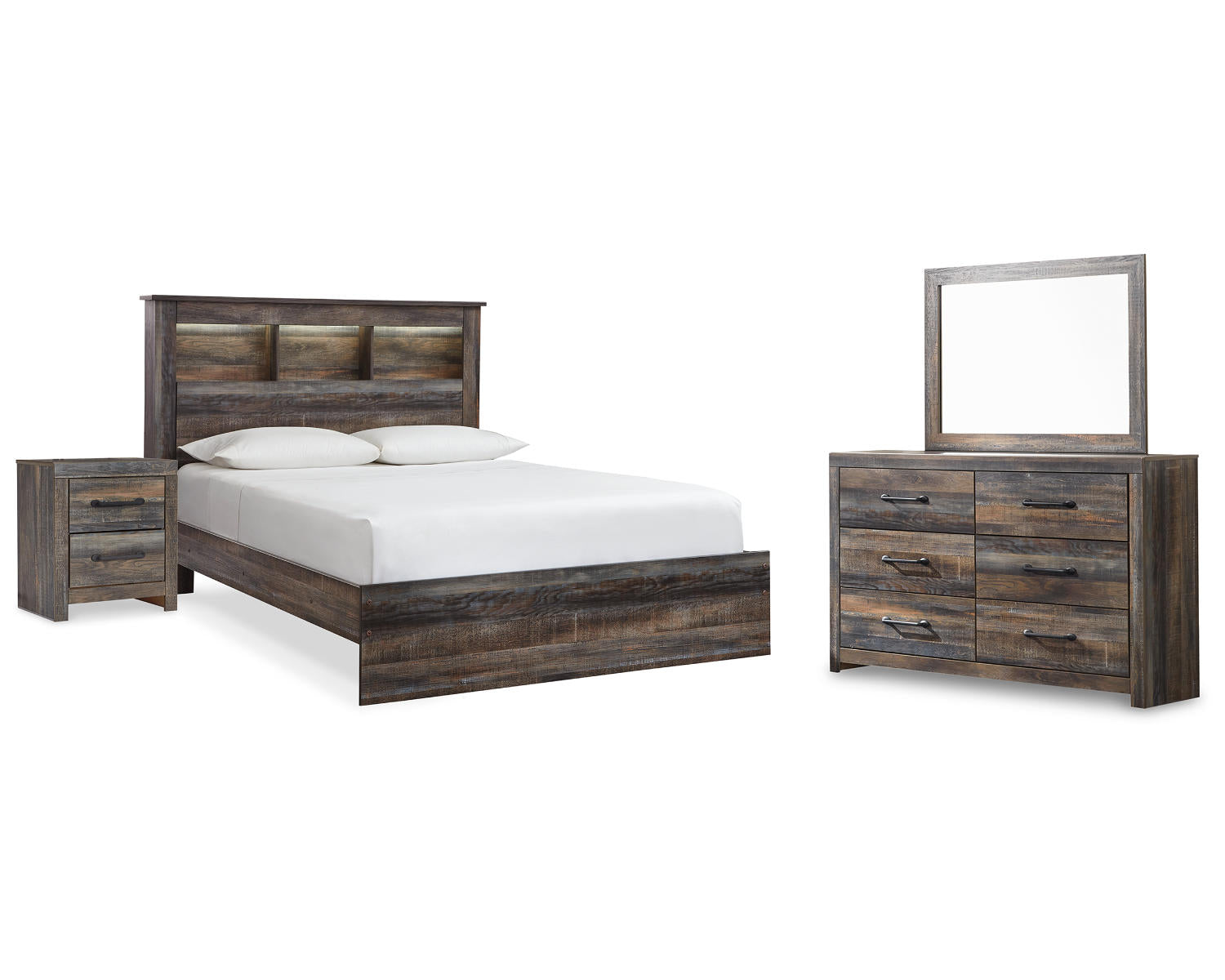 Drystan Queen Bookcase Bed, Dresser, Mirror and Nightstand