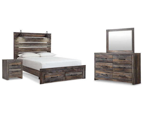 Cama Queen Drystan con almacenamiento, tocador, espejo y mesita de noche