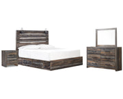 Drystan King Panel Bed with Under Bed Storage, Dresser, Mirror and Nightstand