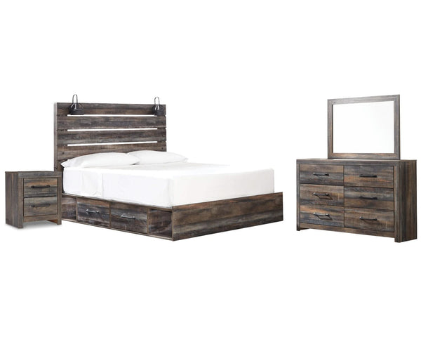 Cama Drystan King con paneles, espacio de almacenamiento debajo, tocador, espejo y mesita de noche