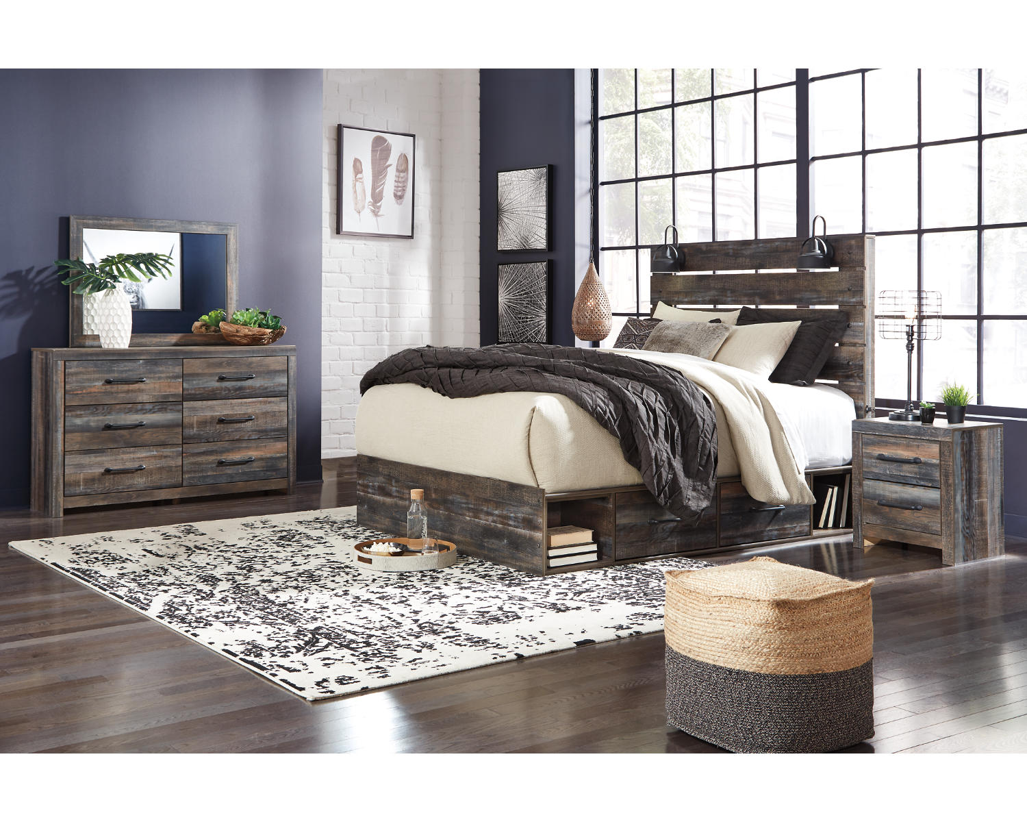 Drystan King Panel Bed with Storage, Dresser, Mirror and Nightstand
