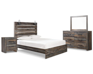 Cama Queen Drystan con paneles, tocador, espejo y mesita de noche