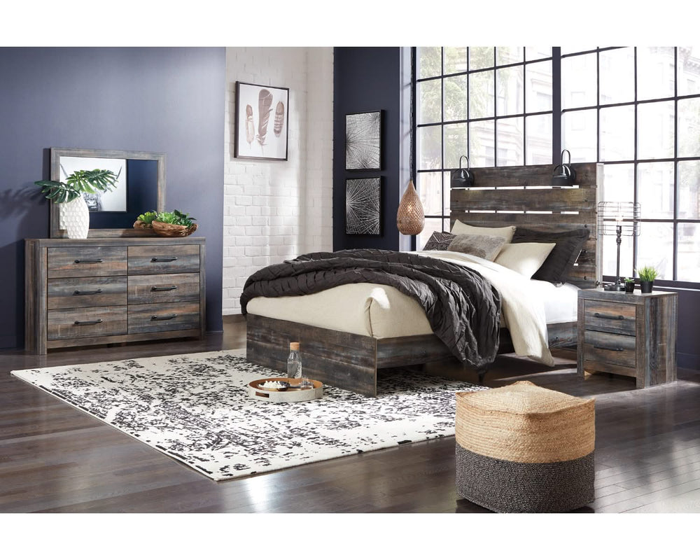 Cama Queen Drystan con paneles, tocador, espejo y mesita de noche