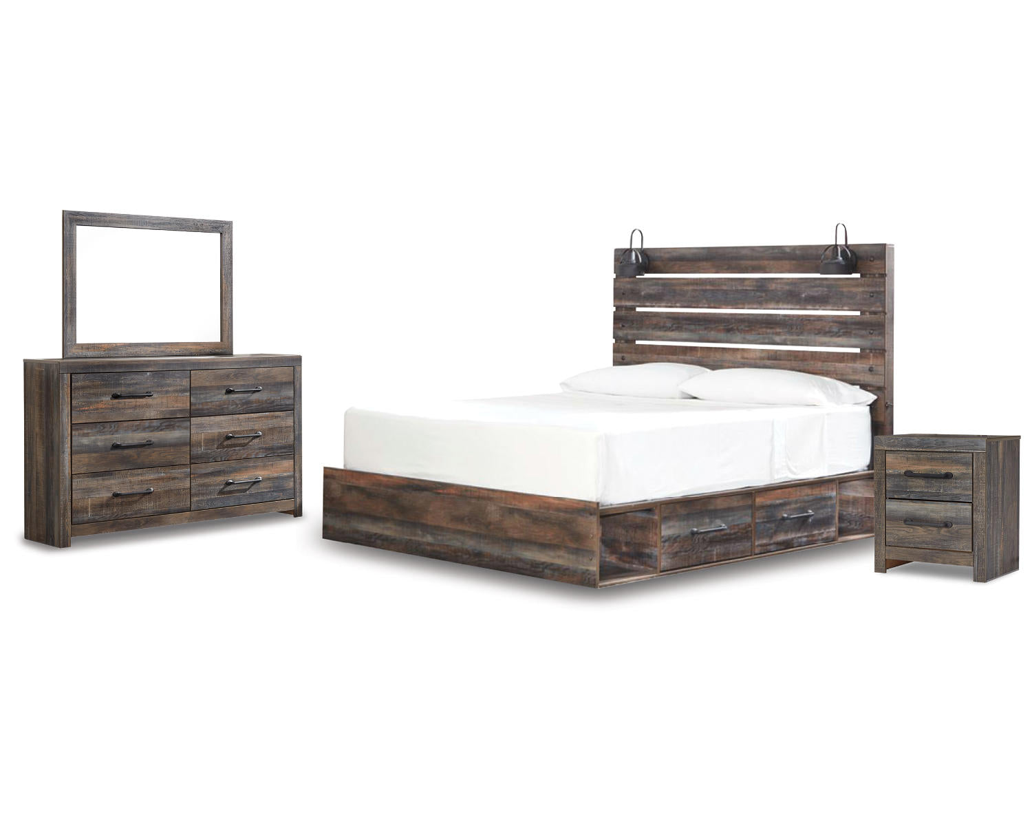 Drystan King Panel Bed with Storage, Dresser, Mirror and Nightstand