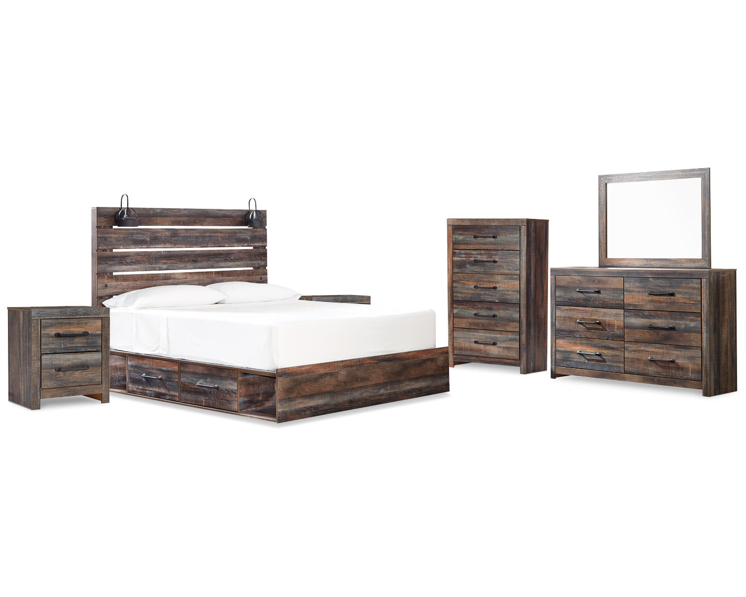 Drystan King Panel Bed with Storage, Dresser, Mirror, Chest and 2 Nightstands