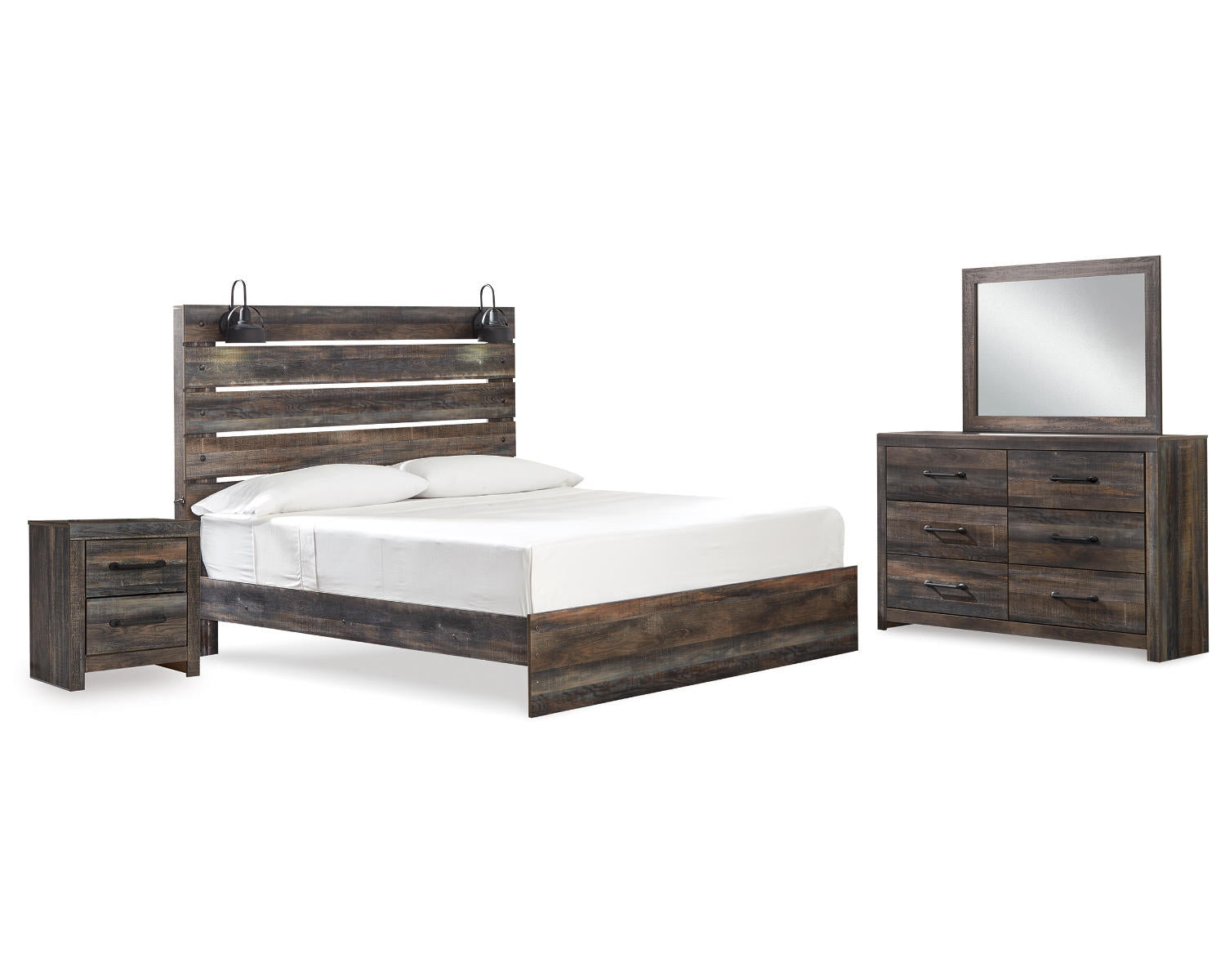 Drystan King Panel Bed, Dresser, Mirror, and Nightstand