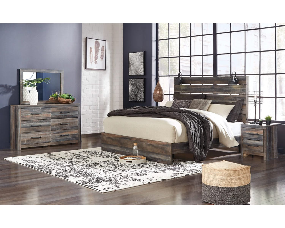 Cama Drystan King con paneles, tocador, espejo y mesita de noche