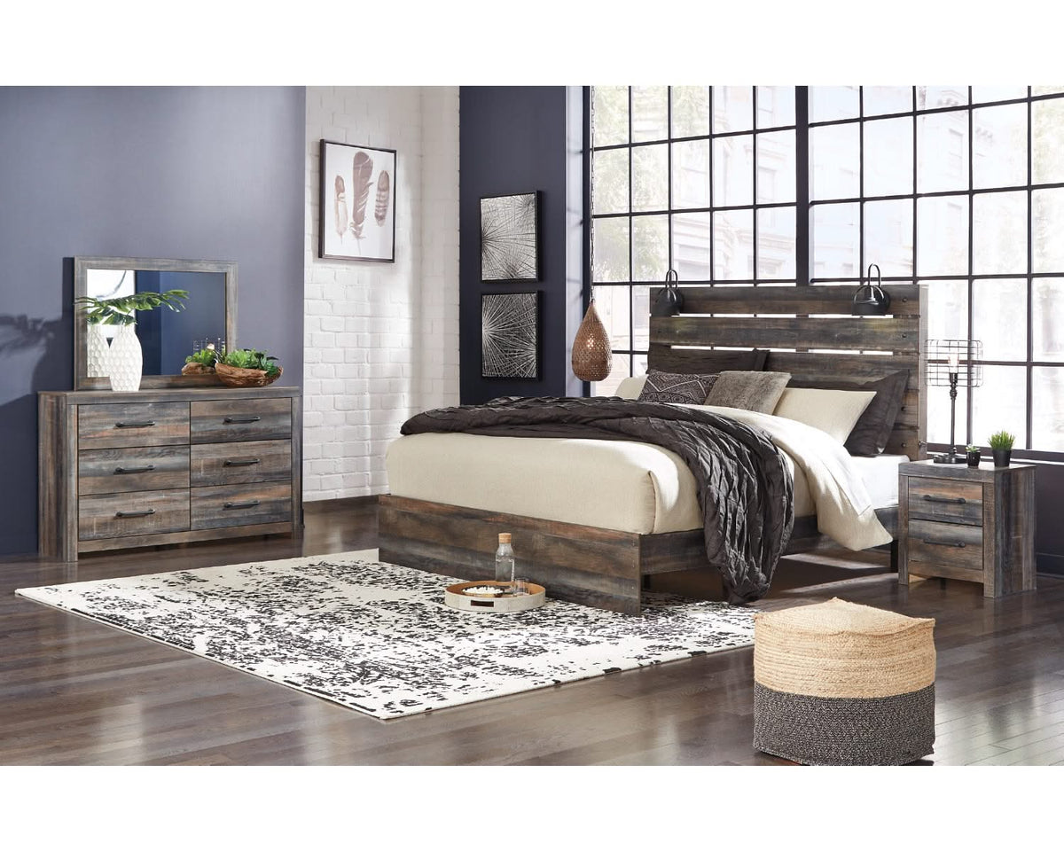 Cama Drystan King con paneles, tocador, espejo y mesita de noche
