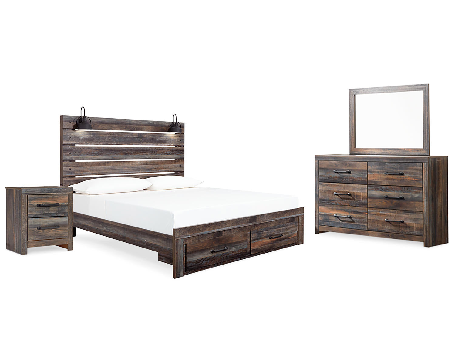 Drystan King Panel Storage Bed, Dresser, Mirror and Nightstand