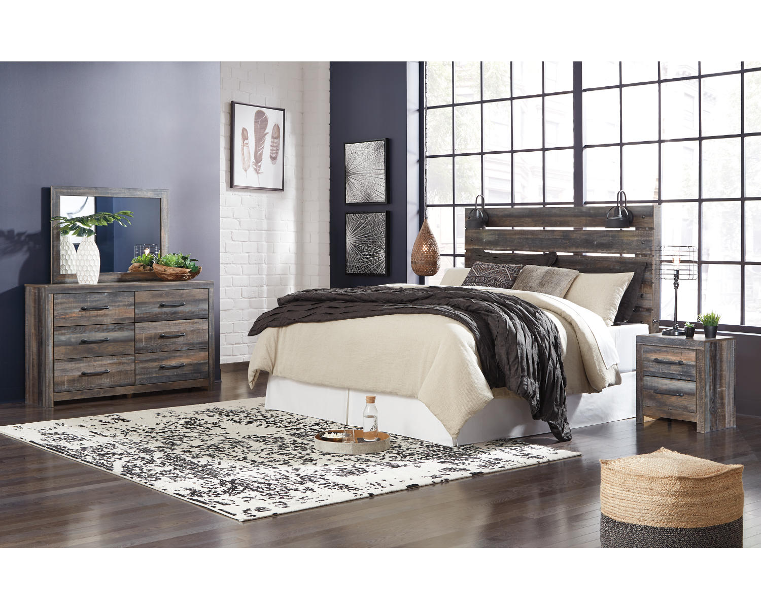 Drystan King Panel Headboard with Metal Frame, Dresser, Mirror, and Nightstand