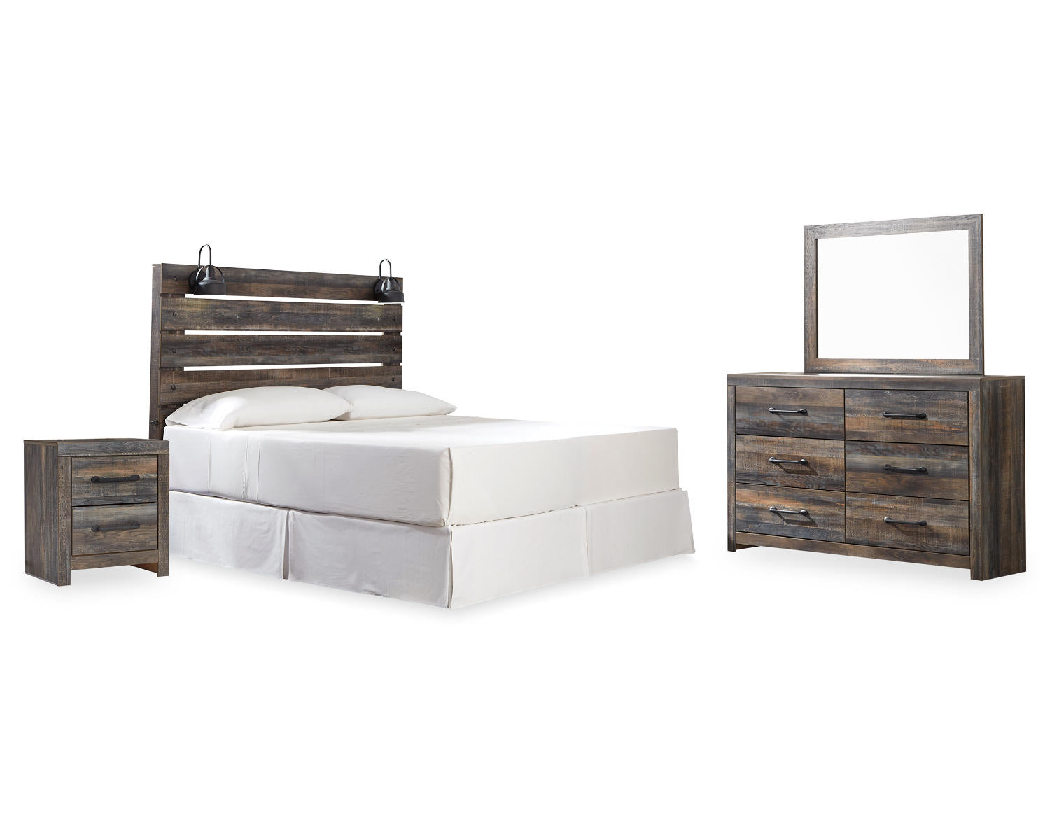 Drystan King Panel Headboard with Metal Frame, Dresser, Mirror, and Nightstand