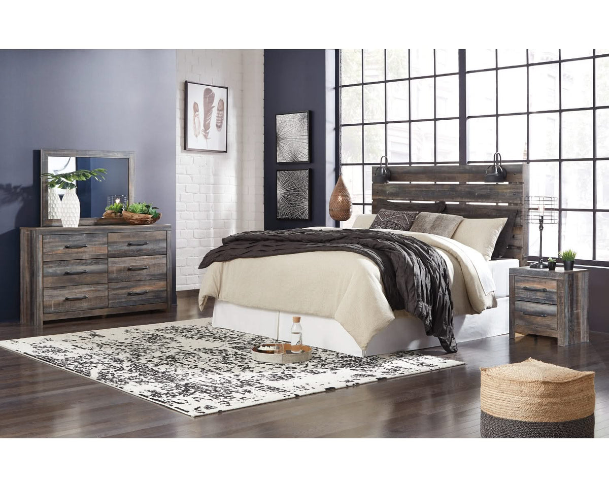 Drystan King Panel Headboard with Metal Frame, Dresser, Mirror, and Nightstand