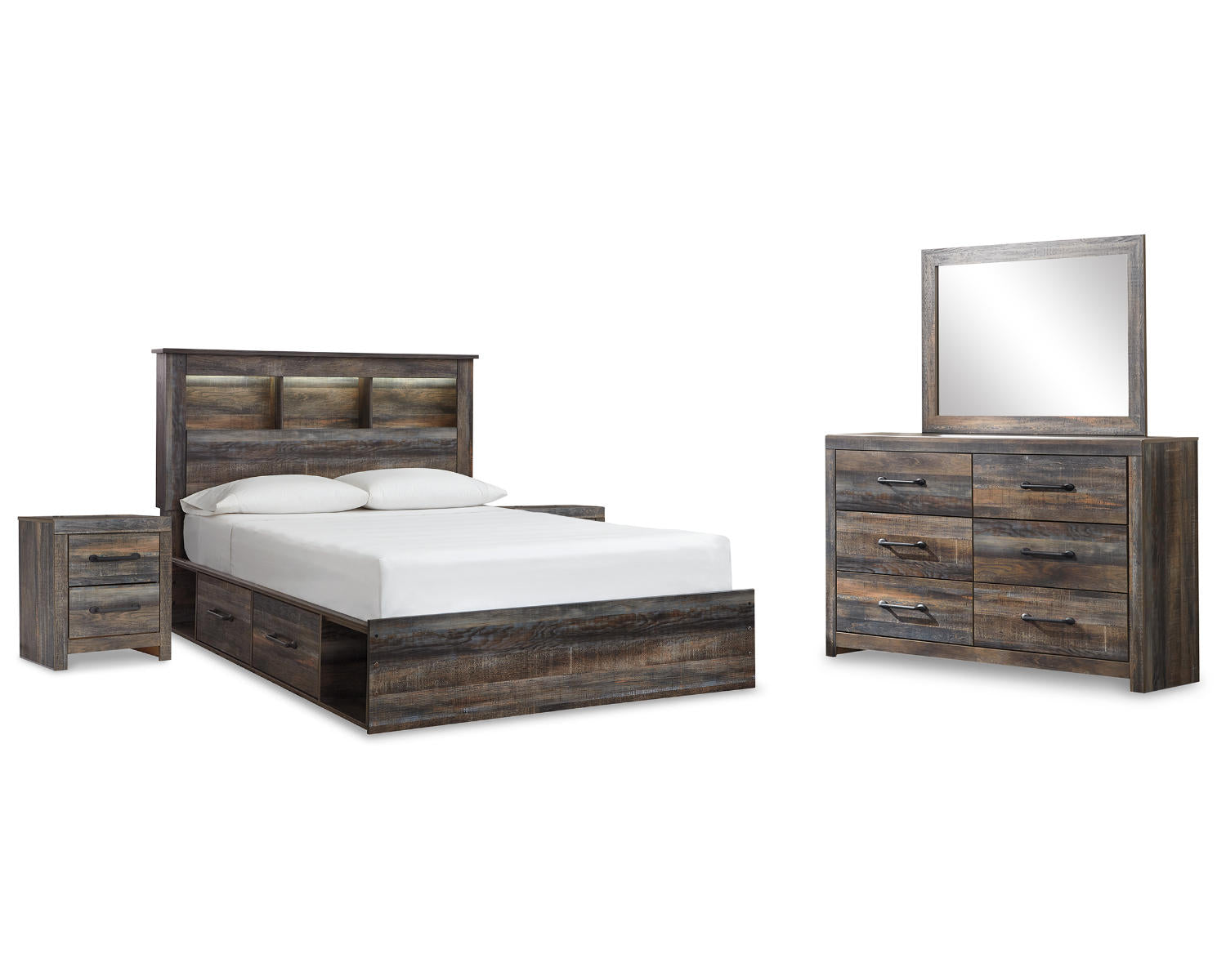 Drystan Queen Bookcase Storage Bed, Dresser, Mirror and 2 Nightstands