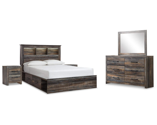 Librería Drystan Queen con almacenamiento, cama, tocador, espejo y dos mesitas de noche