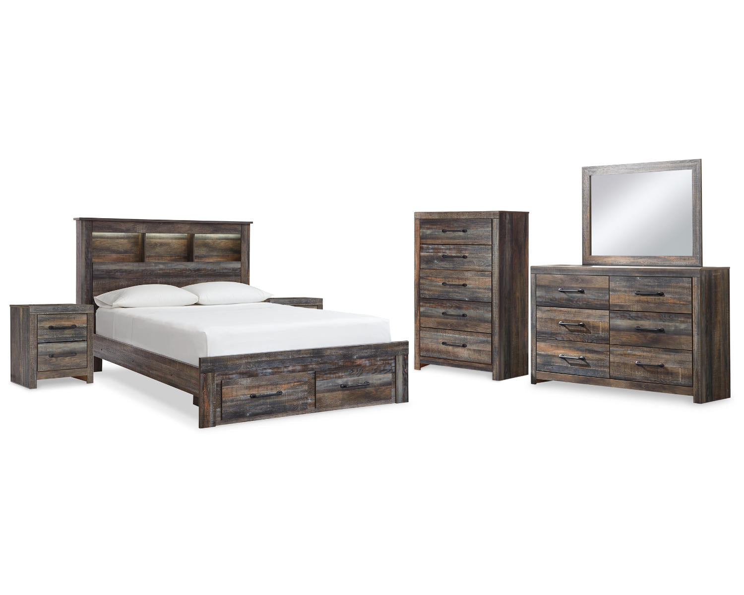 Drystan Queen Bookcase Storage Bed, Dresser, Mirror, Chest and 2 Nightstands