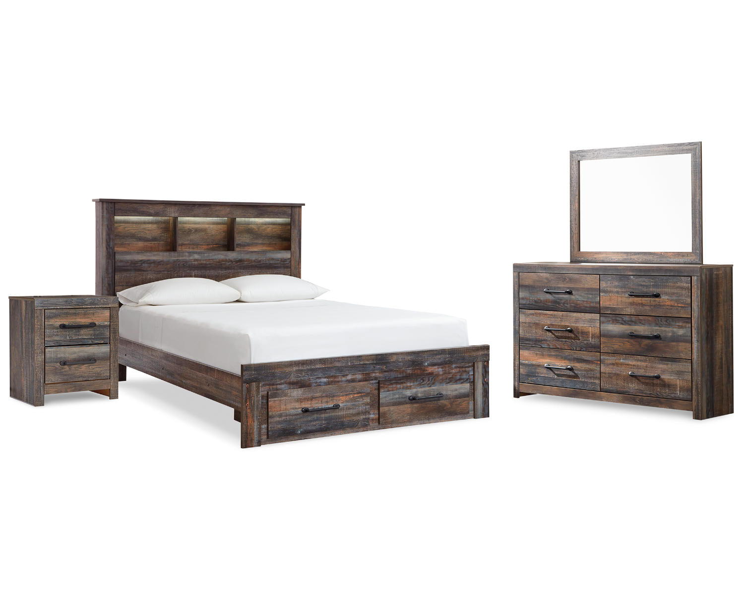 Drystan Queen Bookcase Storage Bed, Dresser, Mirror and Nightstand
