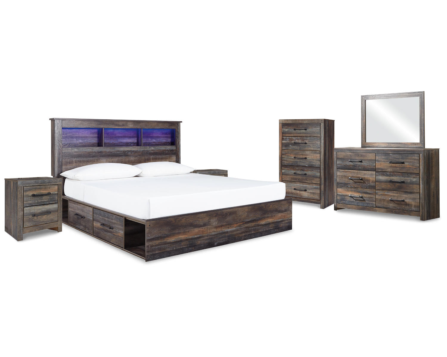 Drystan King Bookcase Storage Bed, Dresser, Mirror, Chest and 2 Nightstands