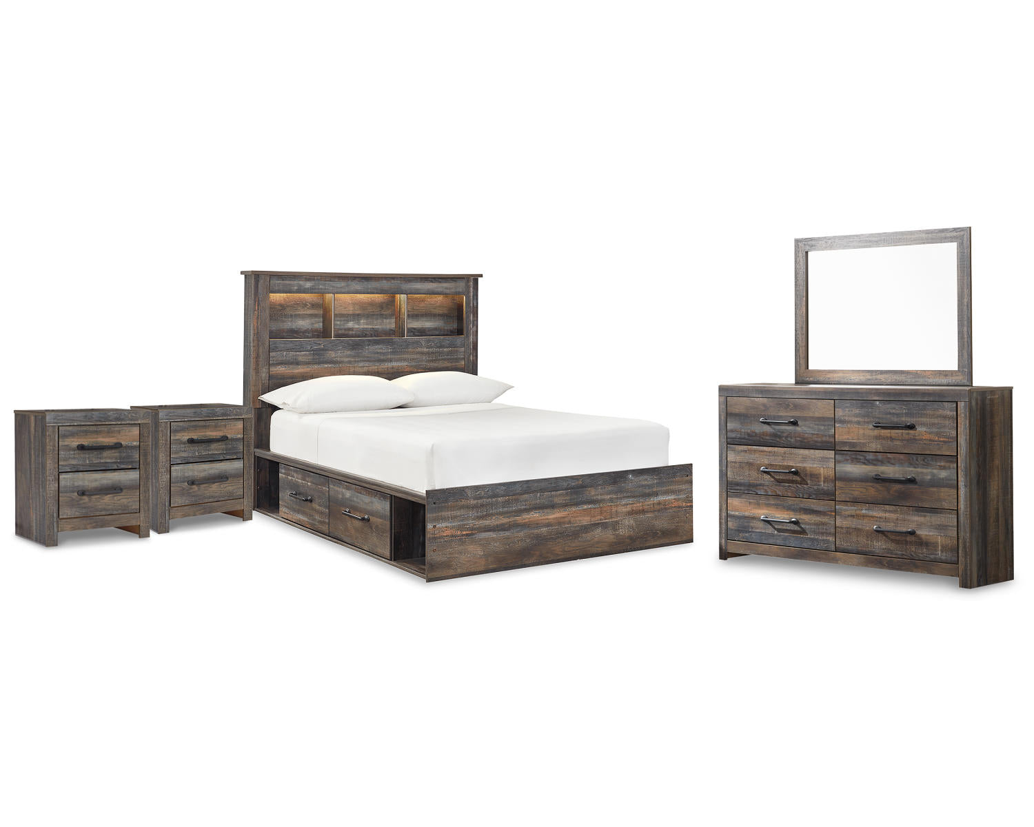 Drystan Full Bookcase Storage Bed, Dresser, Mirror and 2 Nightstands