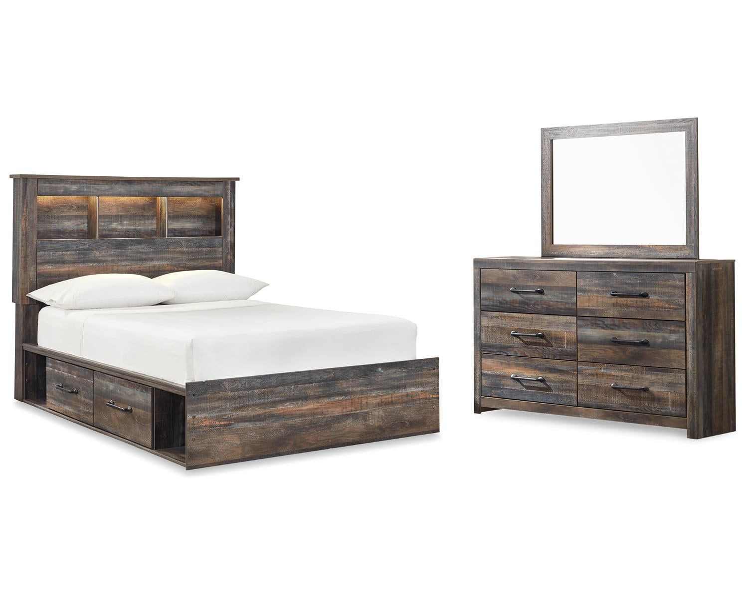 Drystan Full Panel Bookcase Bed, with Storage, Dresser and Mirror